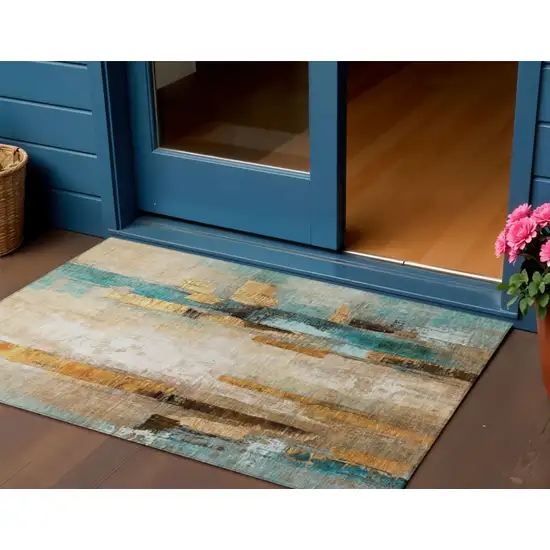 Beige And Teal Blue Abstract Washable Indoor Outdoor Area Rug Photo 2