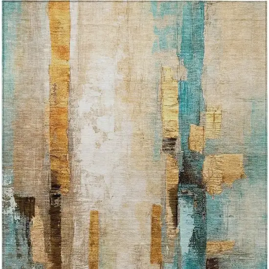 Beige And Teal Blue Abstract Washable Indoor Outdoor Area Rug Photo 1