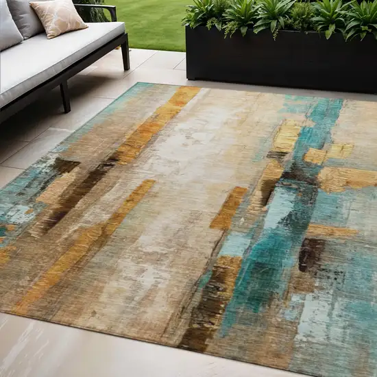 Beige And Teal Blue Abstract Washable Indoor Outdoor Area Rug Photo 2