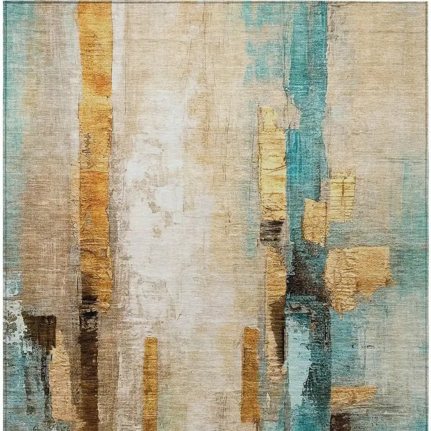 Beige And Teal Blue Abstract Washable Indoor Outdoor Area Rug Photo 7