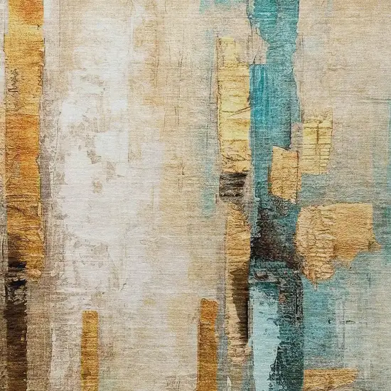 Beige And Teal Blue Abstract Washable Indoor Outdoor Area Rug Photo 1