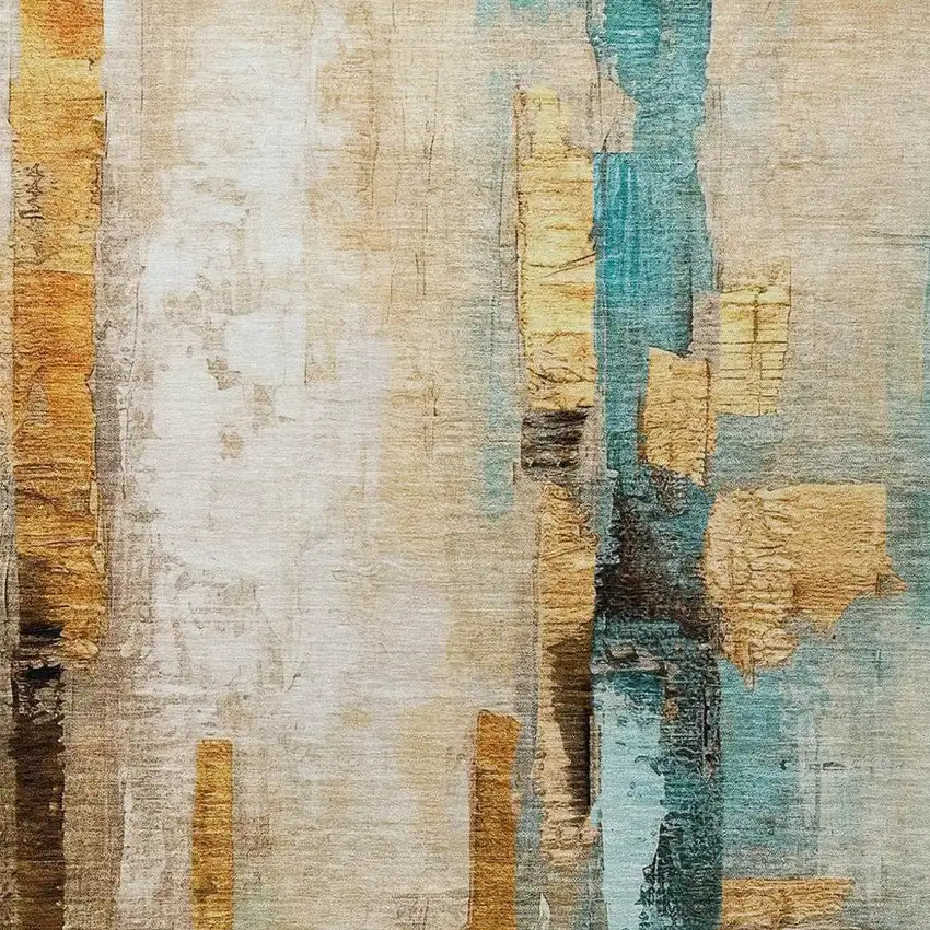 Beige And Teal Blue Abstract Washable Indoor Outdoor Area Rug Photo 1