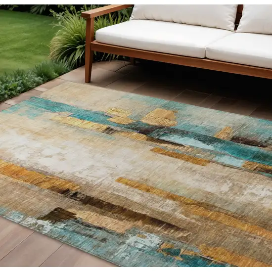 Beige And Teal Blue Abstract Washable Indoor Outdoor Area Rug Photo 2
