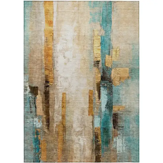 Beige And Teal Blue Abstract Washable Indoor Outdoor Area Rug Photo 9