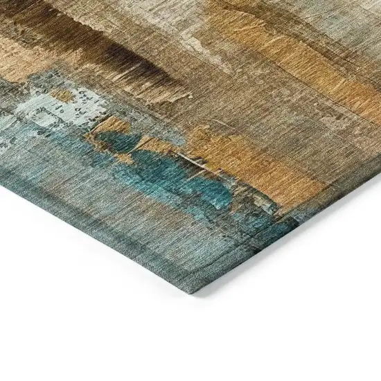 Beige And Teal Blue Abstract Washable Indoor Outdoor Area Rug Photo 6