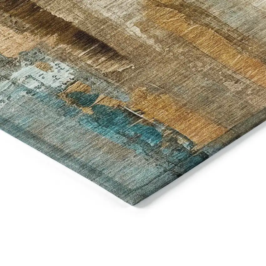 Beige And Teal Blue Abstract Washable Indoor Outdoor Area Rug Photo 6