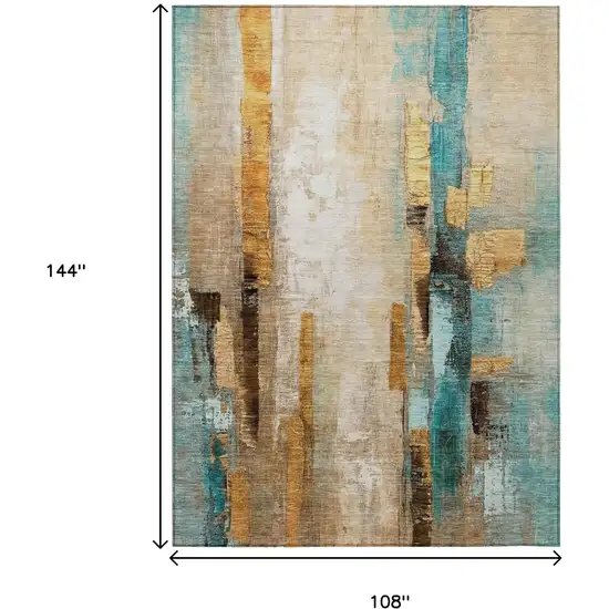 Beige And Teal Blue Abstract Washable Indoor Outdoor Area Rug Photo 9