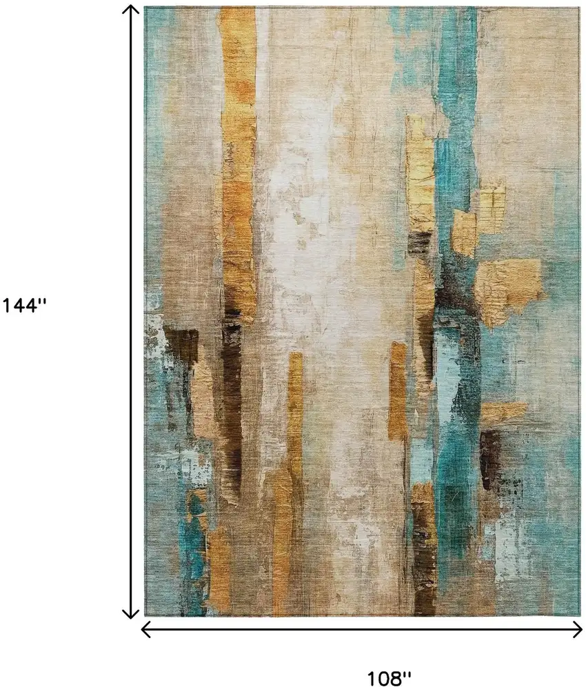 Beige And Teal Blue Abstract Washable Indoor Outdoor Area Rug Photo 9