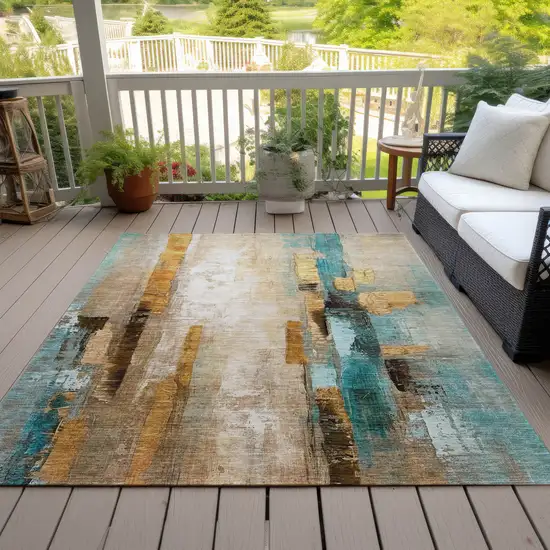 Beige And Teal Blue Abstract Washable Indoor Outdoor Area Rug Photo 7