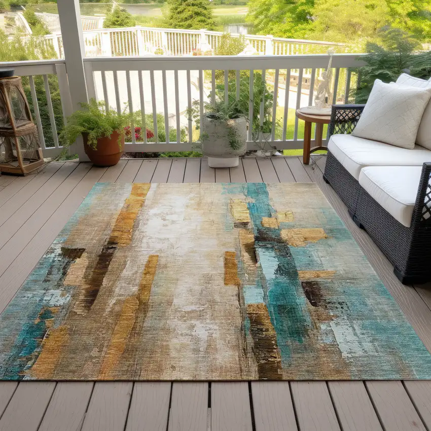 Beige And Teal Blue Abstract Washable Indoor Outdoor Area Rug Photo 7