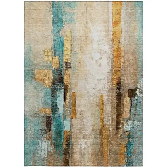 Beige And Teal Blue Abstract Washable Indoor Outdoor Area Rug Photo 9