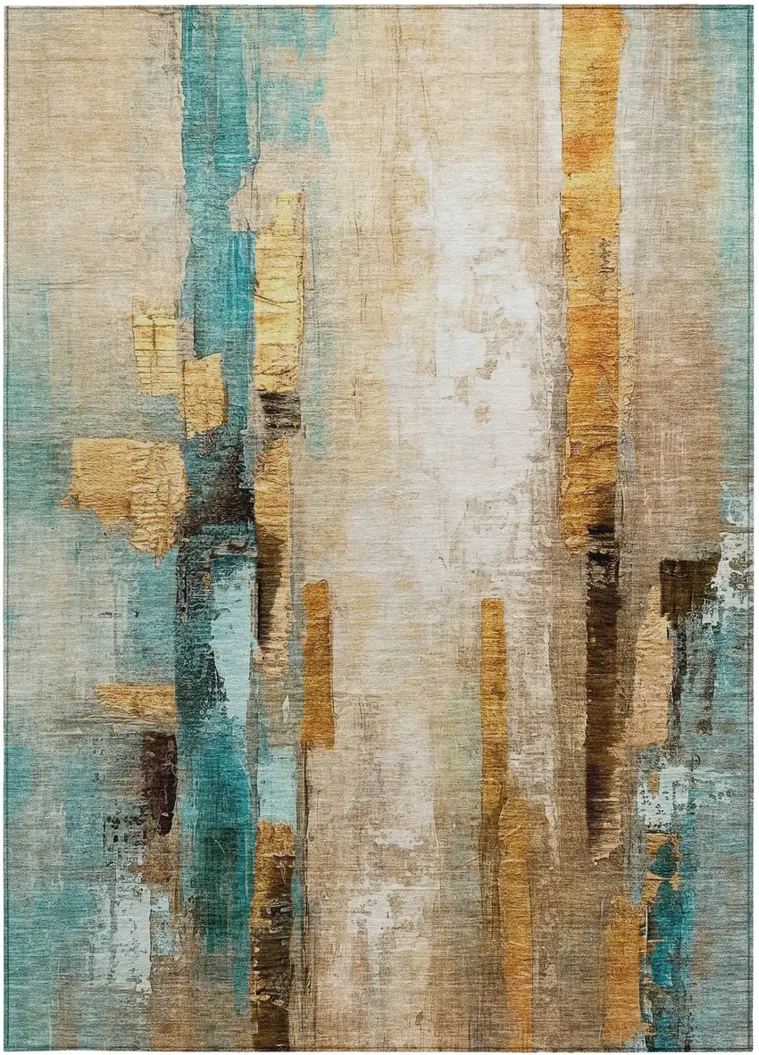 Beige And Teal Blue Abstract Washable Indoor Outdoor Area Rug Photo 9