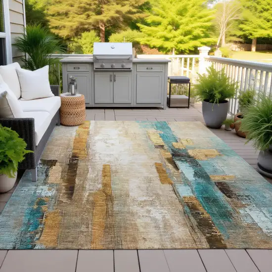 Beige And Teal Blue Abstract Washable Indoor Outdoor Area Rug Photo 4