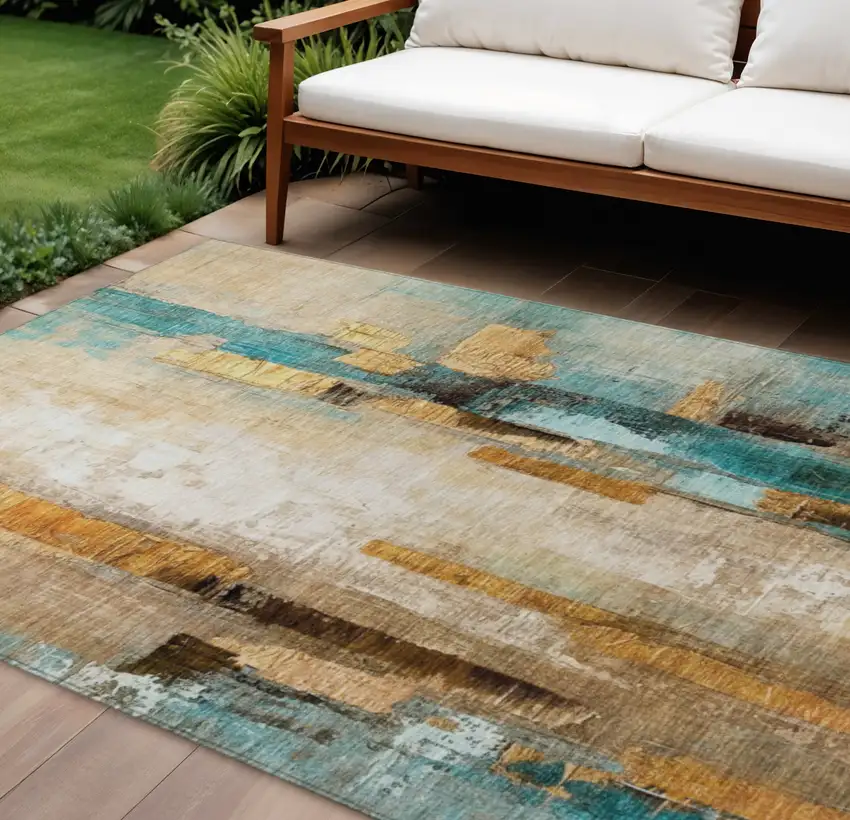 Beige And Teal Blue Abstract Washable Indoor Outdoor Area Rug Photo 2