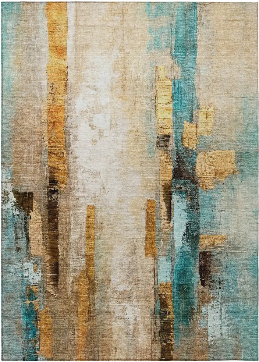 Beige And Teal Blue Abstract Washable Indoor Outdoor Area Rug Photo 8