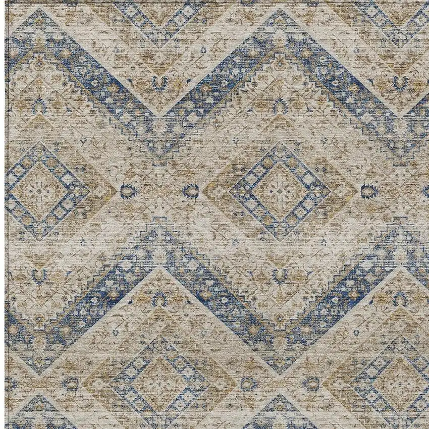 Beige And Teal Blue Tribal Washable Indoor Outdoor Area Rug Photo 3