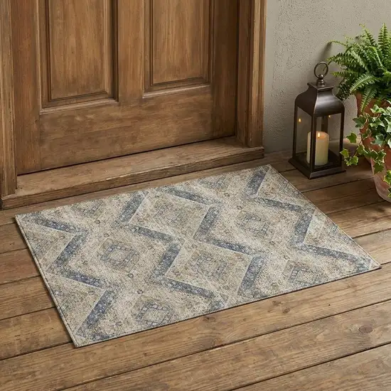 Beige And Teal Blue Tribal Washable Indoor Outdoor Area Rug Photo 1