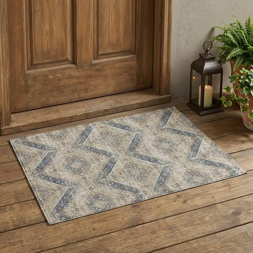 Beige And Teal Blue Tribal Washable Indoor Outdoor Area Rug Photo 1