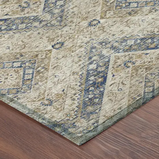 Beige And Teal Blue Tribal Washable Indoor Outdoor Area Rug Photo 5