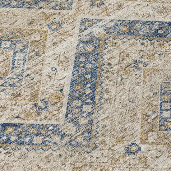 Beige And Teal Blue Tribal Washable Indoor Outdoor Area Rug Photo 6