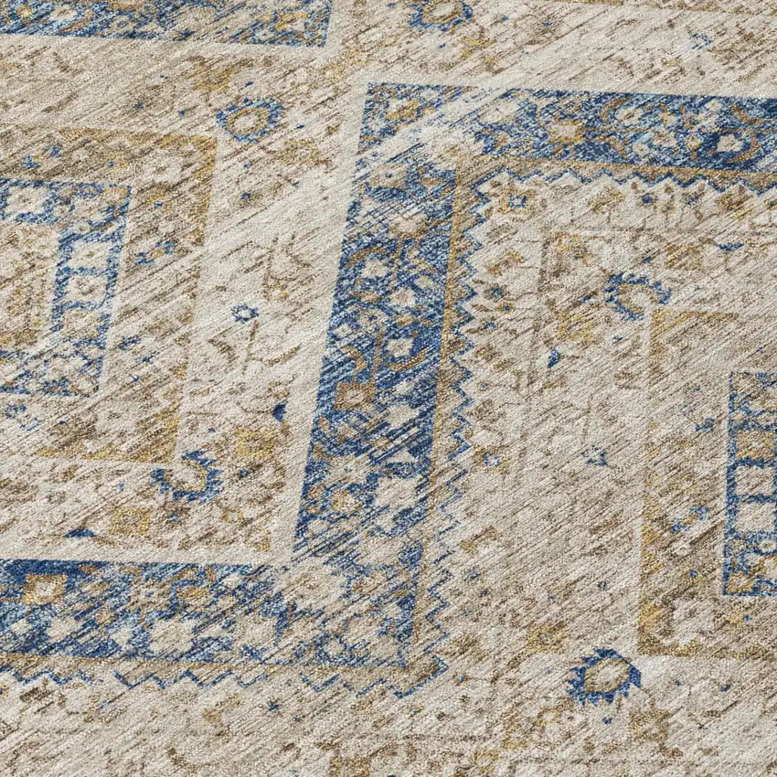 Beige And Teal Blue Tribal Washable Indoor Outdoor Area Rug Photo 6