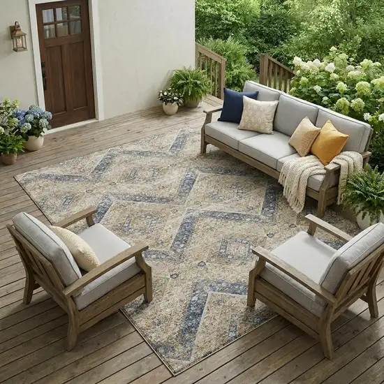 Beige And Teal Blue Tribal Washable Indoor Outdoor Area Rug Photo 1
