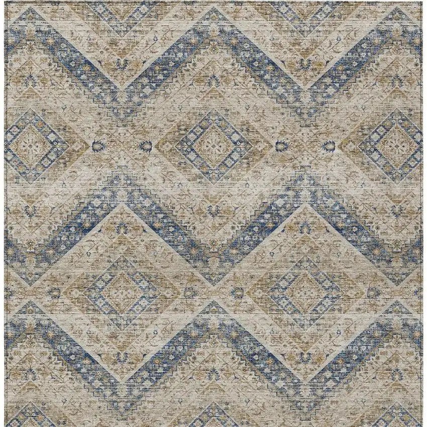 Beige And Teal Blue Tribal Washable Indoor Outdoor Area Rug Photo 4
