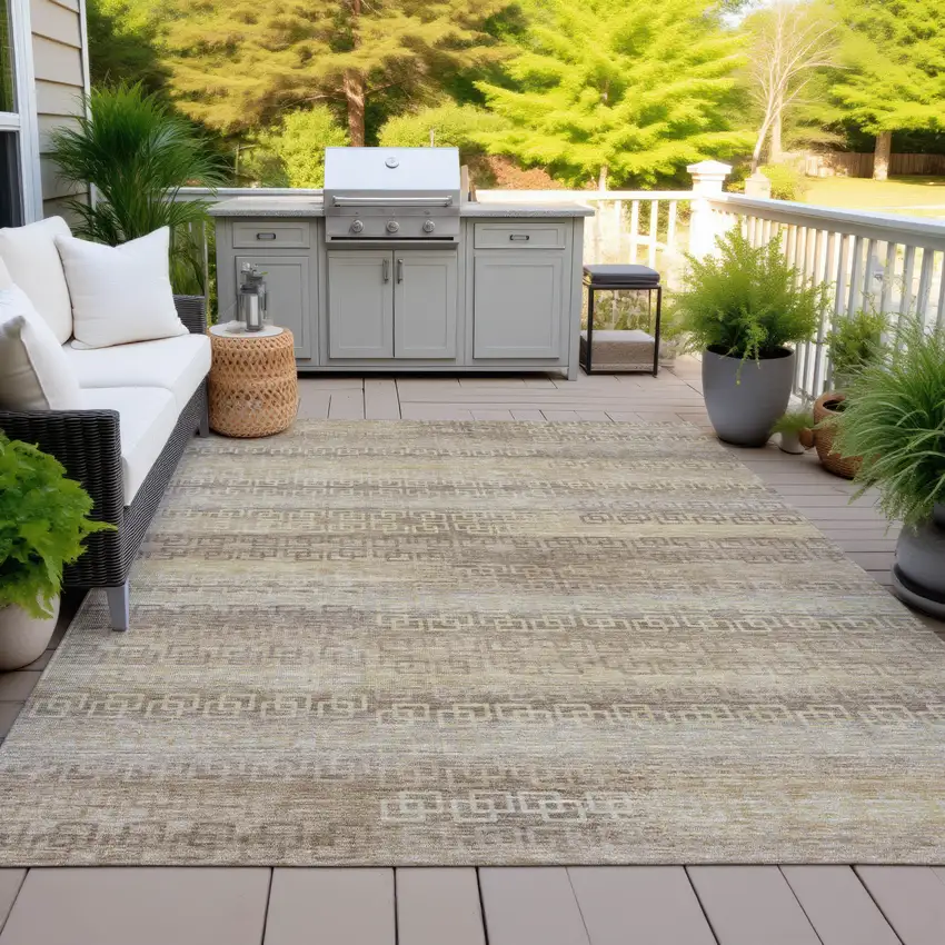 Beige And Wheat Striped Washable Indoor Outdoor Area Rug Photo 4
