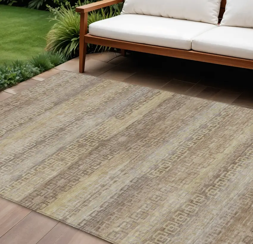 Beige And Wheat Striped Washable Indoor Outdoor Area Rug Photo 2
