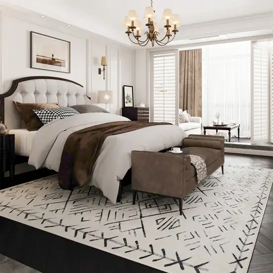 Beige And White Abstract Geometric Washable Area Rug Photo 4