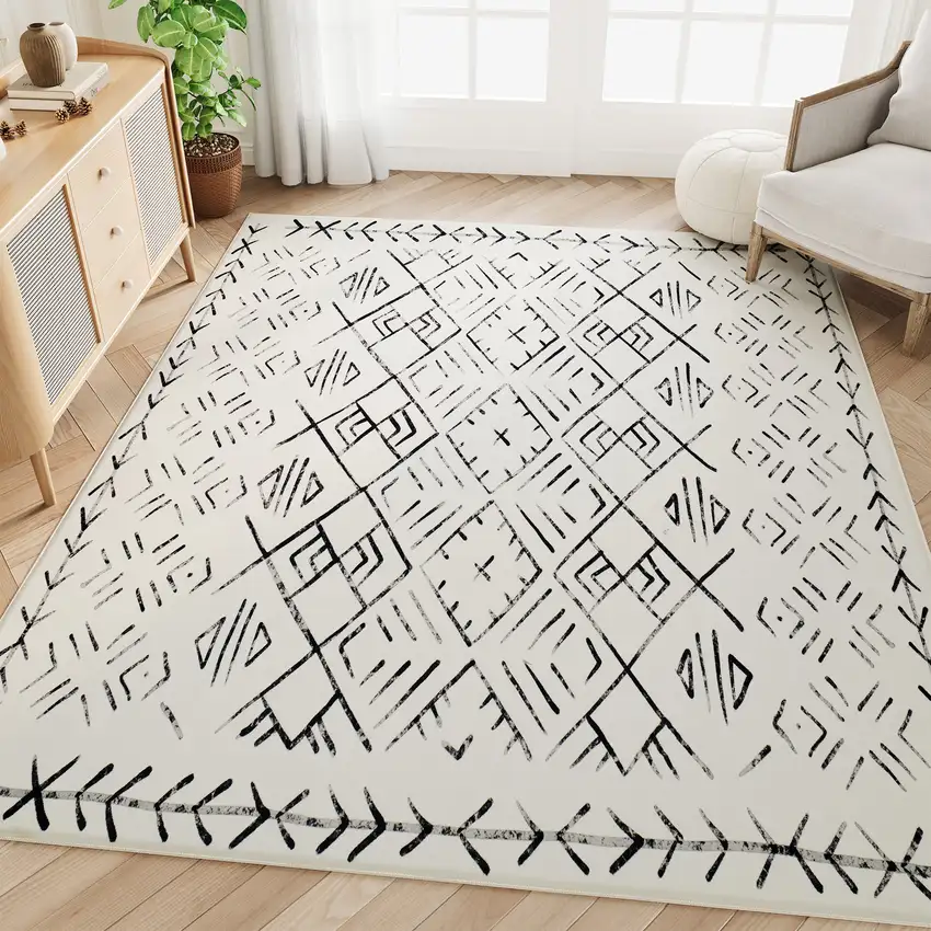 Beige And White Abstract Geometric Washable Area Rug Photo 3