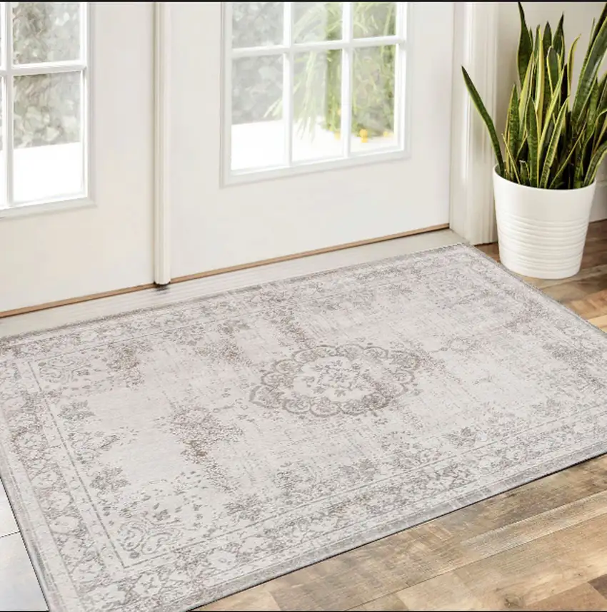 Beige And White Medallion ,Washable, Area Rug Photo 1