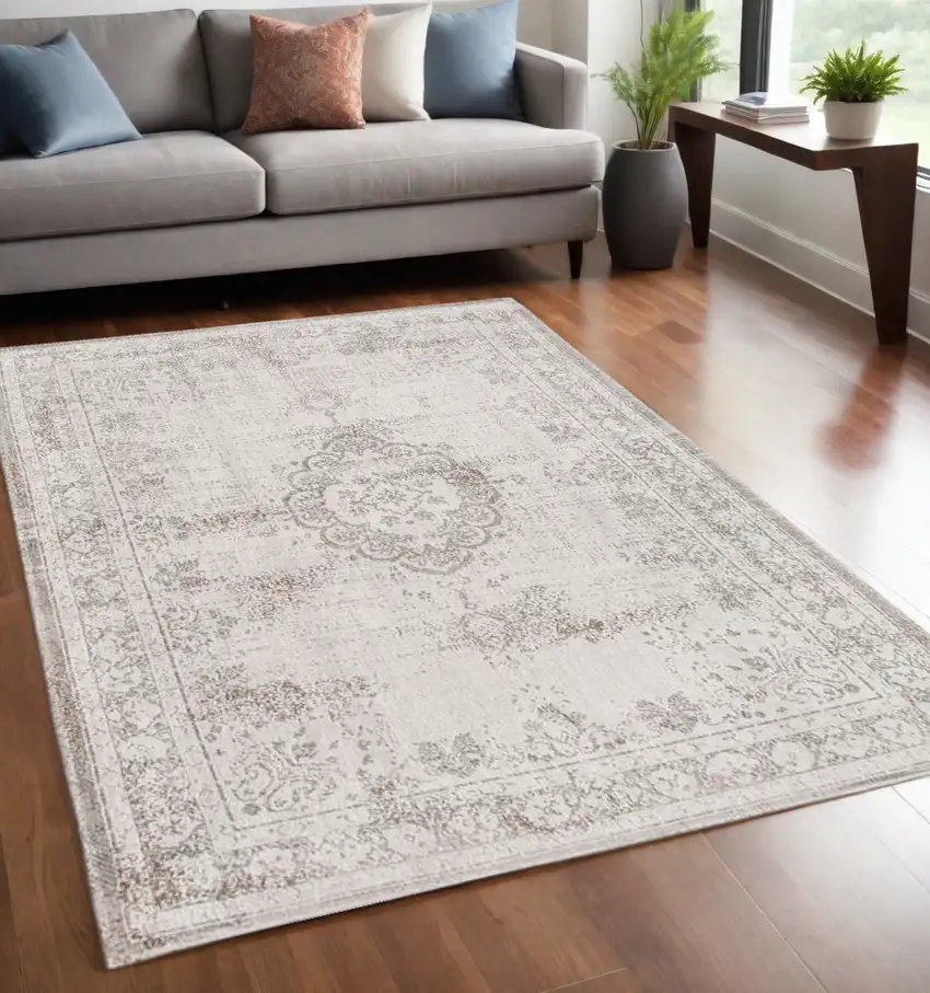 Beige And White Medallion ,Washable, Area Rug Photo 1