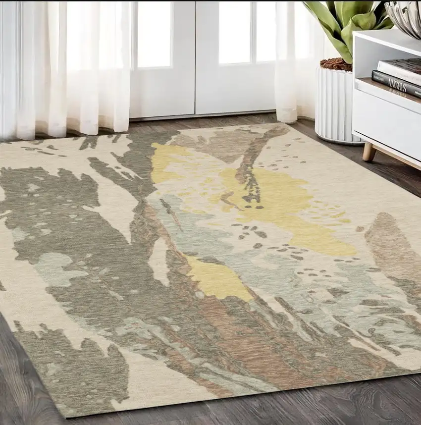 Beige And Yellow Wool Abstract Hand Tufted Area Rug Photo 1