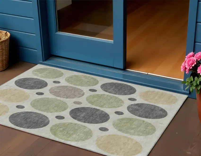 Beige Artichoke Green And Charcoal Geometric Washable Indoor Outdoor Area Rug Photo 2