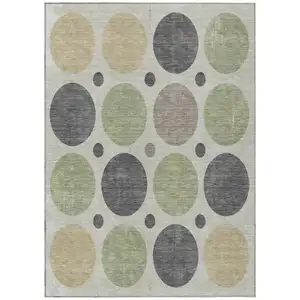 Photo of Beige Artichoke Green And Charcoal Geometric Washable Indoor Outdoor Area Rug