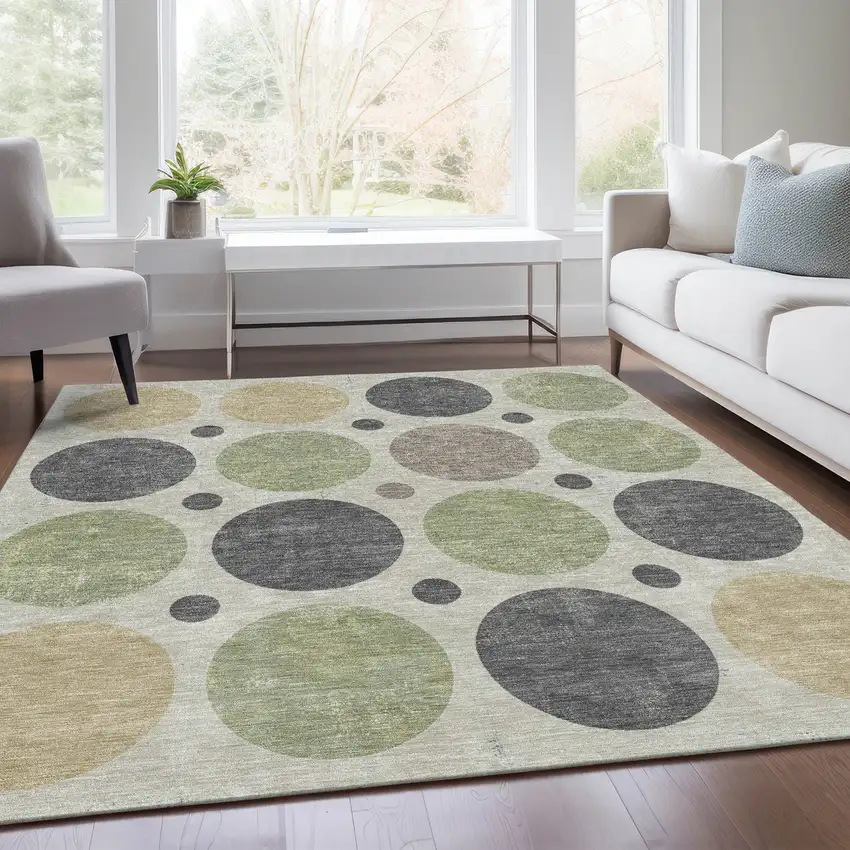 Beige Artichoke Green And Charcoal Geometric Washable Indoor Outdoor Area Rug Photo 8