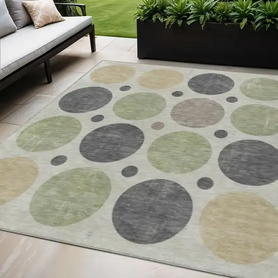Beige Artichoke Green And Charcoal Geometric Washable Indoor Outdoor Area Rug Photo 2
