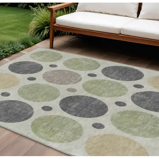 Beige Artichoke Green And Charcoal Geometric Washable Indoor Outdoor Area Rug Photo 2