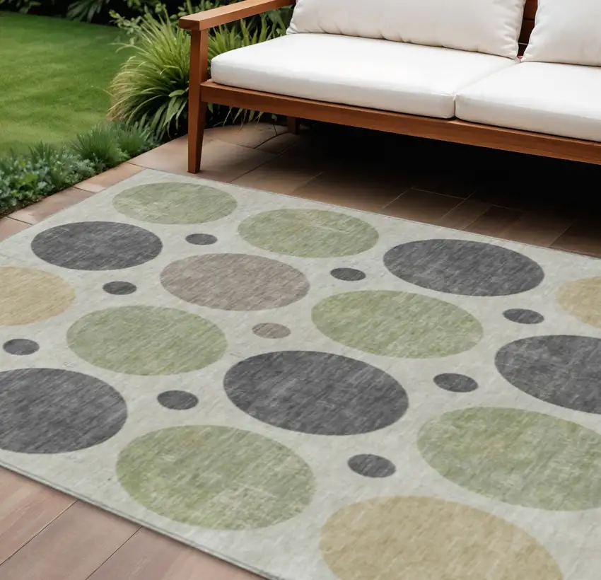 Beige Artichoke Green And Charcoal Geometric Washable Indoor Outdoor Area Rug Photo 2