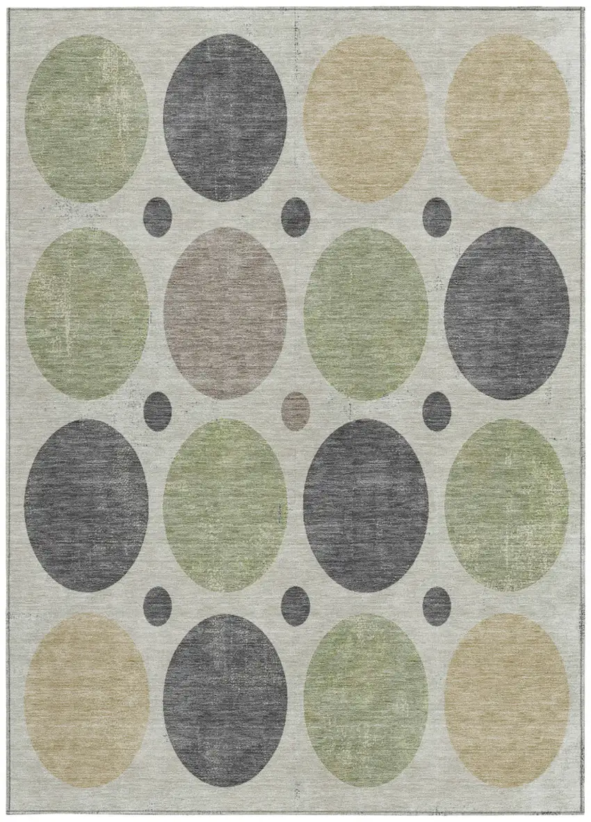 Beige Artichoke Green And Charcoal Geometric Washable Indoor Outdoor Area Rug Photo 3