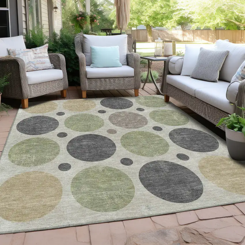 Beige Artichoke Green And Charcoal Geometric Washable Indoor Outdoor Area Rug Photo 6