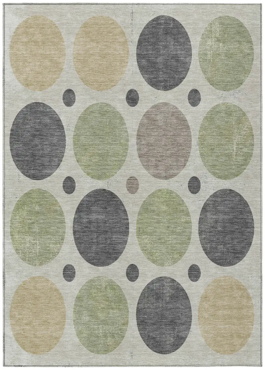 Beige Artichoke Green And Charcoal Geometric Washable Indoor Outdoor Area Rug Photo 1