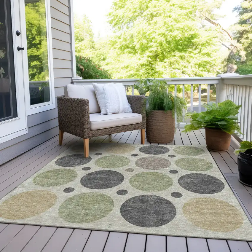 Beige Artichoke Green And Charcoal Geometric Washable Indoor Outdoor Area Rug Photo 9