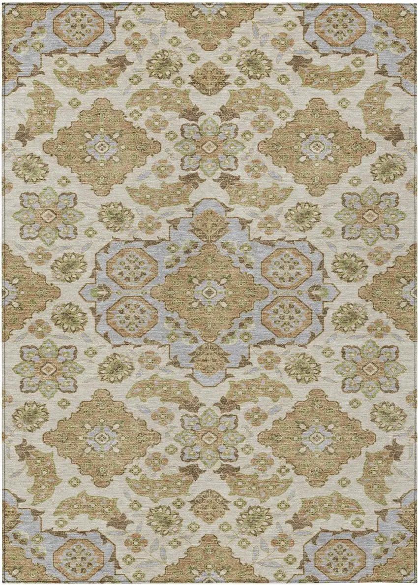 Beige Artichoke Green And Ivory Medallion Washable Indoor Outdoor Area Rug Photo 1