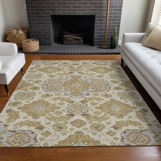 Beige Artichoke Green And Ivory Medallion Washable Indoor Outdoor Area Rug Photo 7