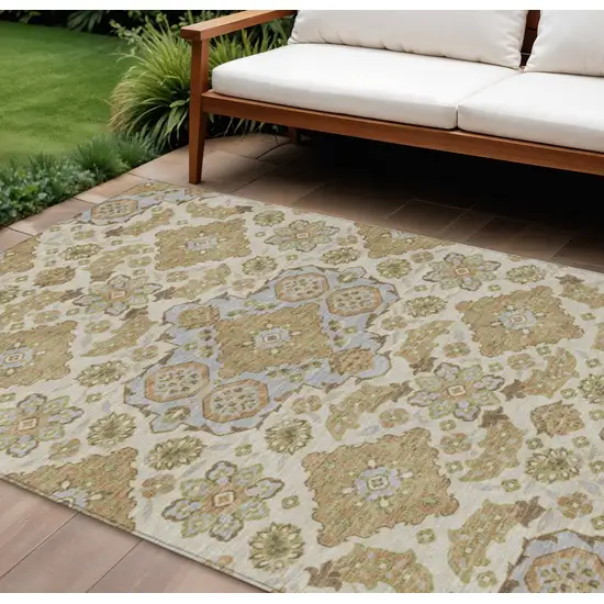 Beige Artichoke Green And Ivory Medallion Washable Indoor Outdoor Area Rug Photo 2