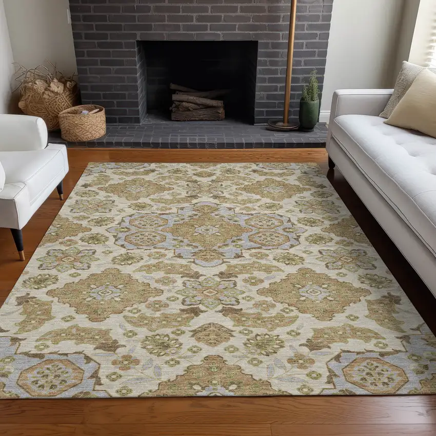 Beige Artichoke Green And Ivory Medallion Washable Indoor Outdoor Area Rug Photo 7