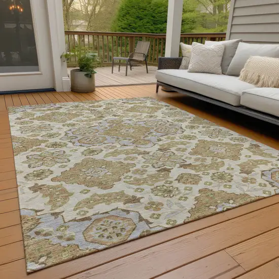 Beige Artichoke Green And Ivory Medallion Washable Indoor Outdoor Area Rug Photo 8