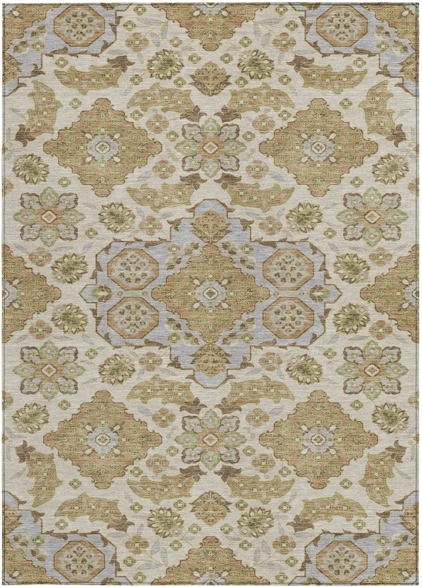 Beige Artichoke Green And Ivory Medallion Washable Indoor Outdoor Area Rug Photo 3